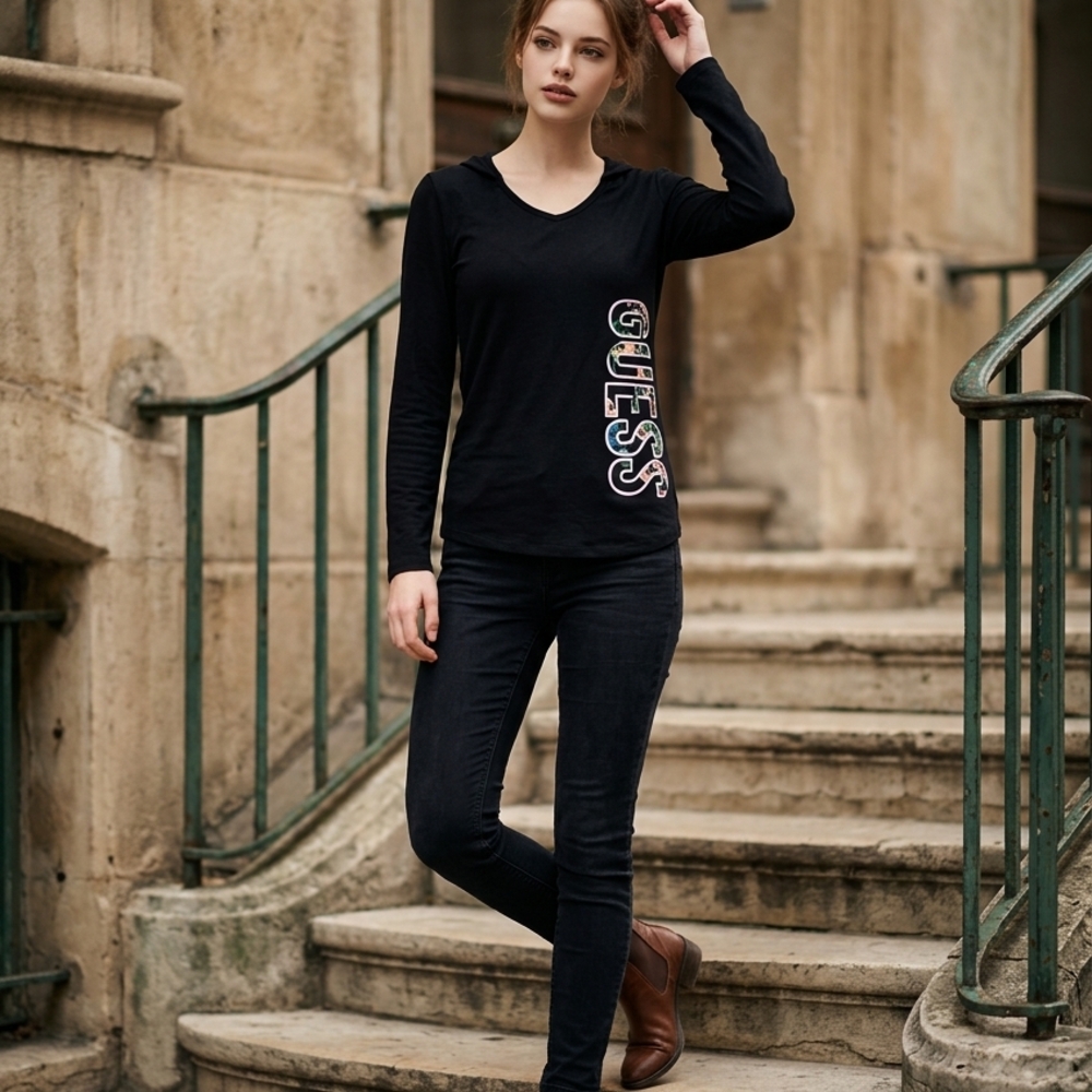 Guess Los Angeles Black Long Sleeve Hoodie Floral Logo XS
